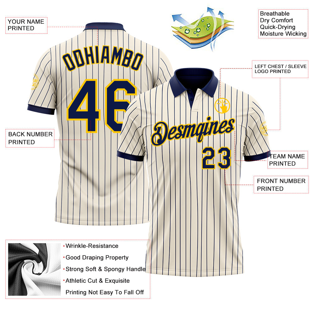 Custom Cream Navy Pinstripe-Yellow Performance Polo Shirt view 3