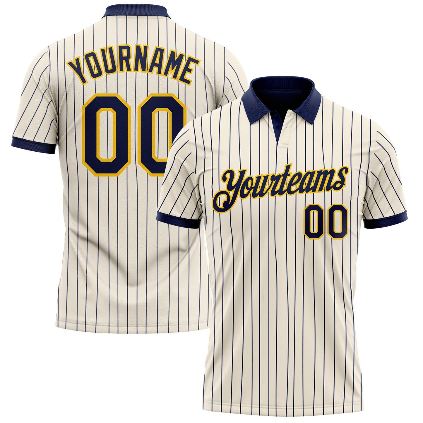 Custom Cream Navy Pinstripe-Yellow Performance Polo Shirt - Main View