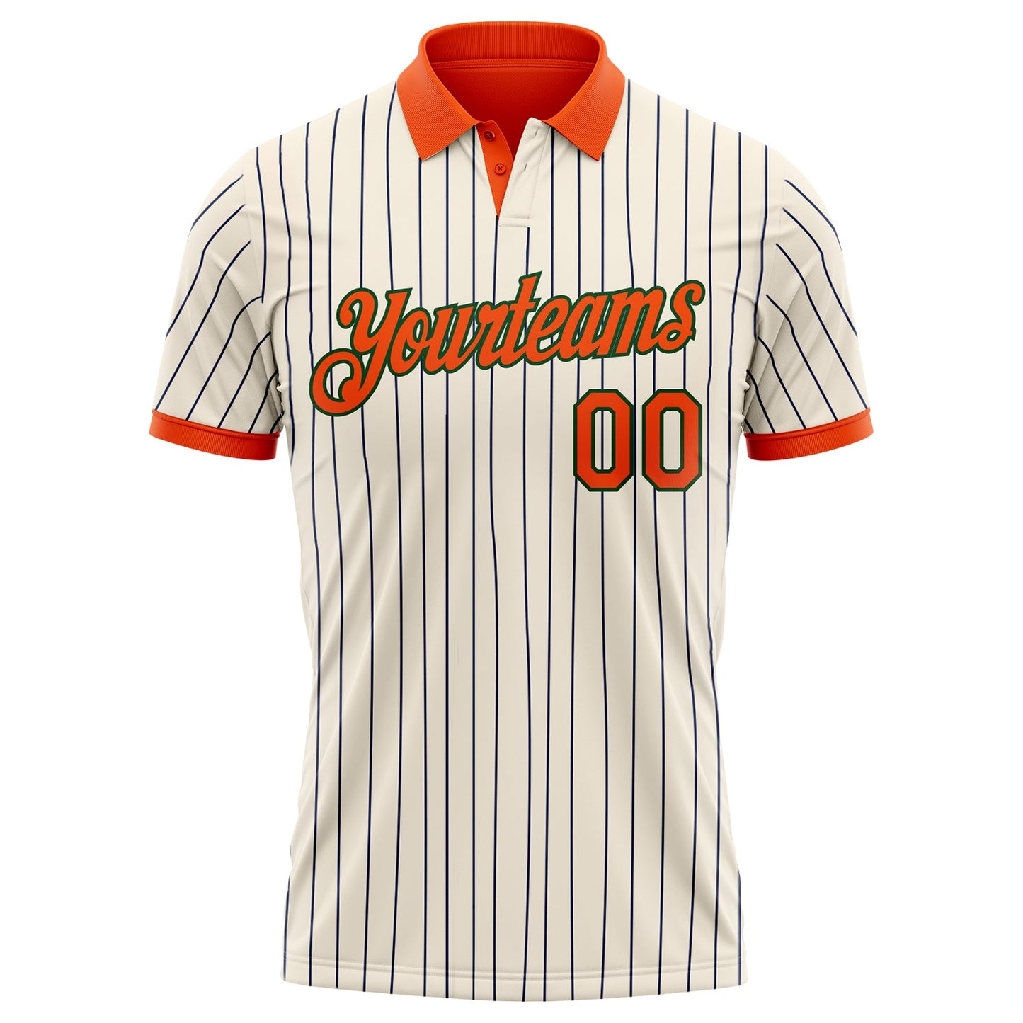 Custom Cream Navy Pinstripe Orange-Green Performance Polo Shirt view 2