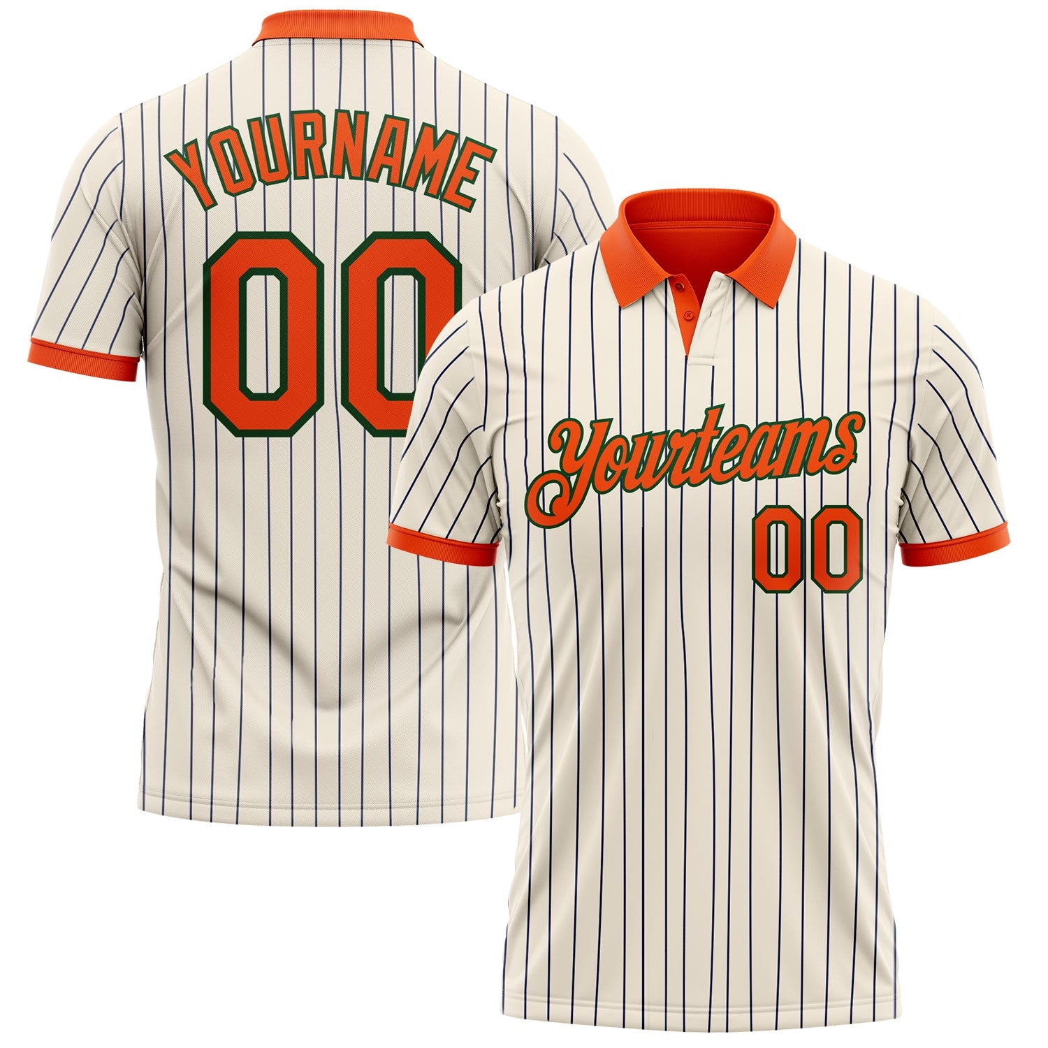 Custom Cream Navy Pinstripe Orange-Green Performance Polo Shirt - Main View