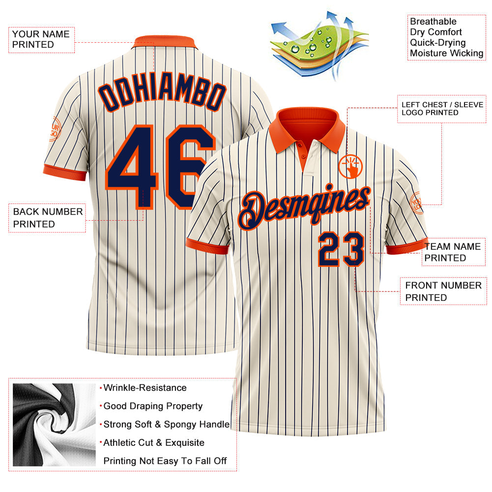 Custom Cream Navy Pinstripe-Orange Performance Polo Shirt view 3