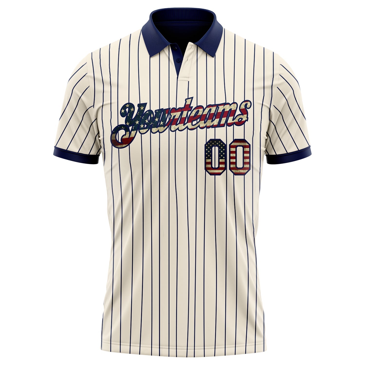 Custom Cream Navy Pinstripe Vintage USA Flag-Crimson Performance Polo Shirt view 2