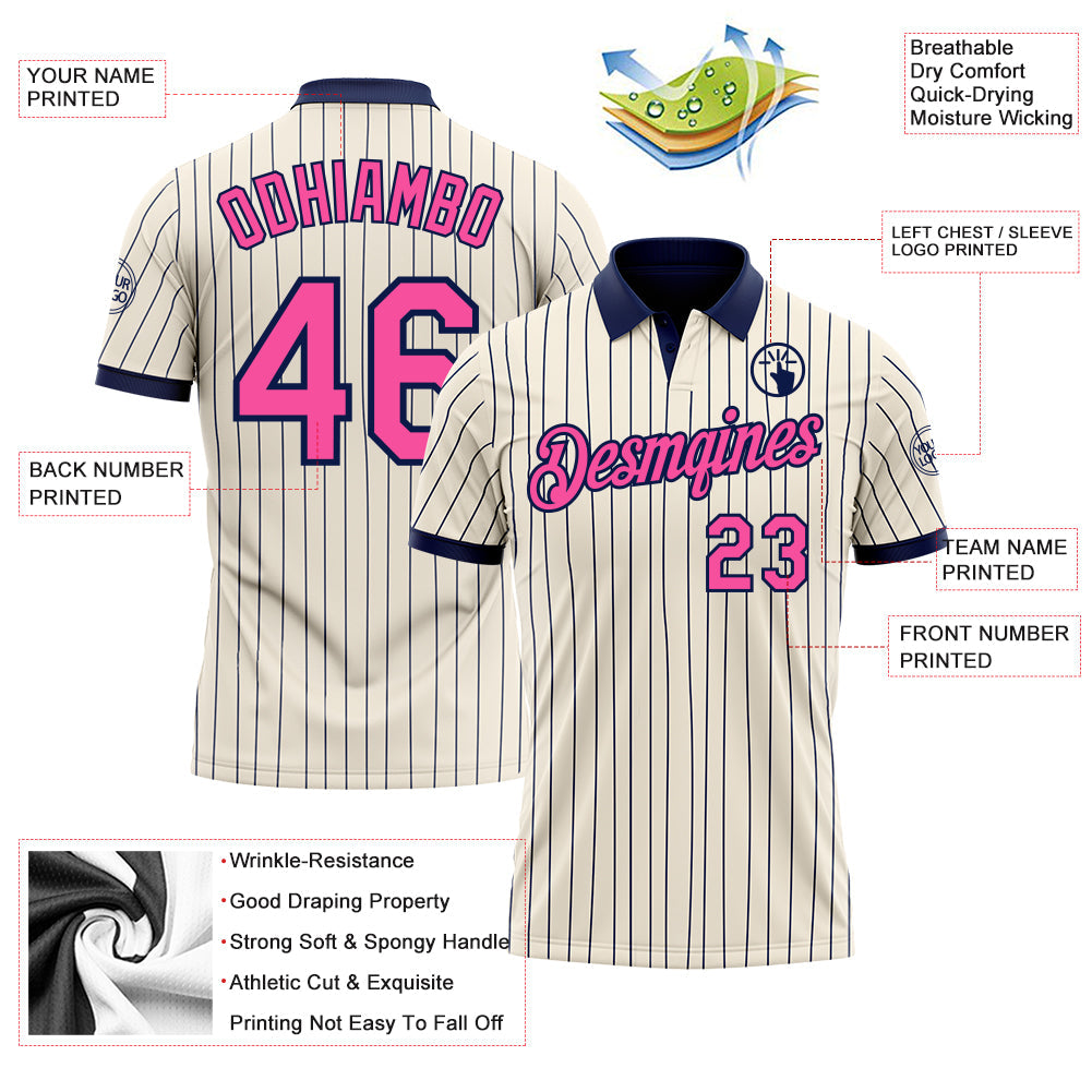 Custom Cream Navy Pinstripe-Pink Performance Polo Shirt view 3