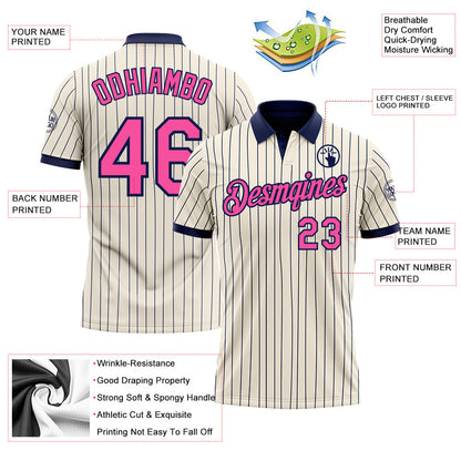 Custom Cream Navy Pinstripe-Pink Performance Polo Shirt view 3