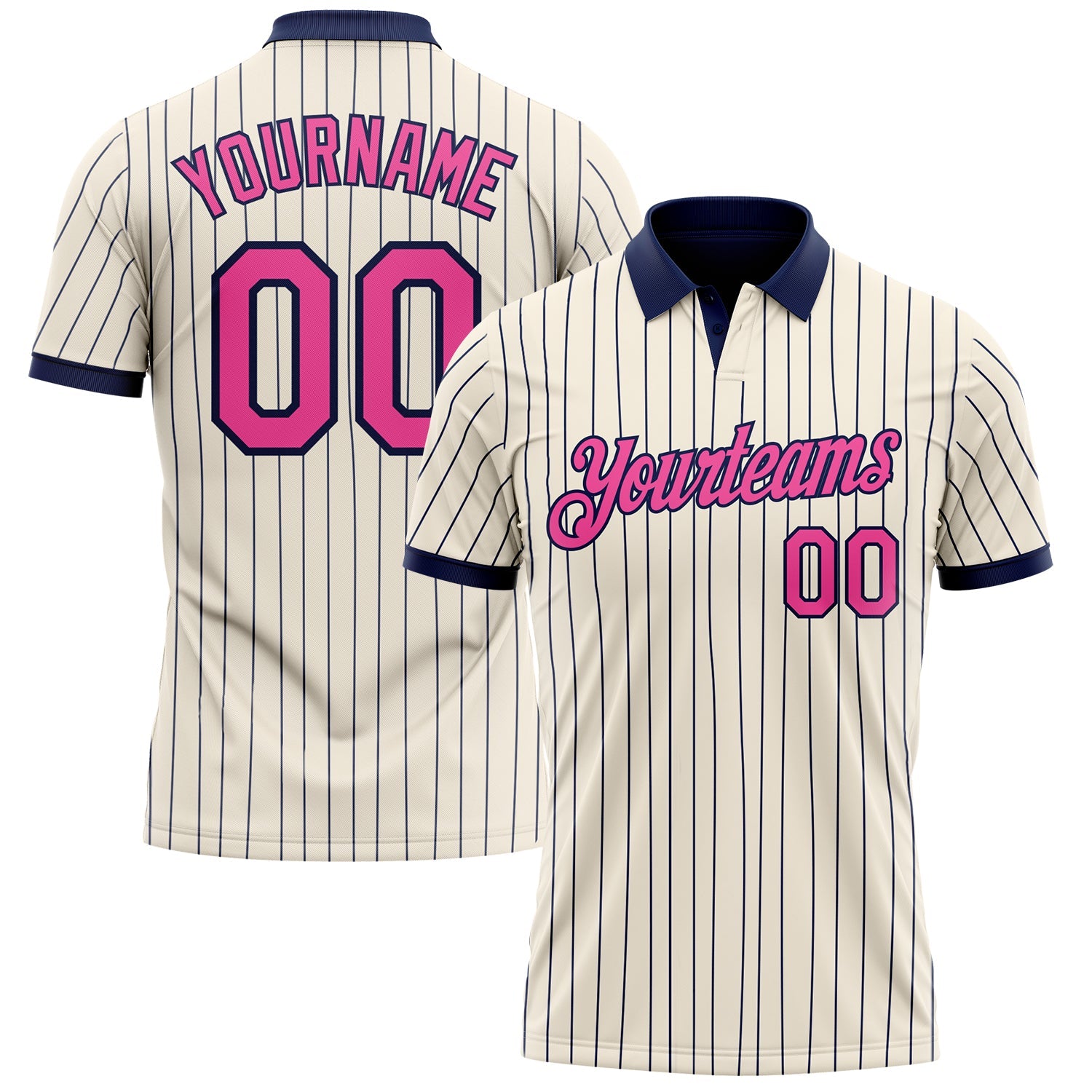 Custom Cream Navy Pinstripe-Pink Performance Polo Shirt - Main View