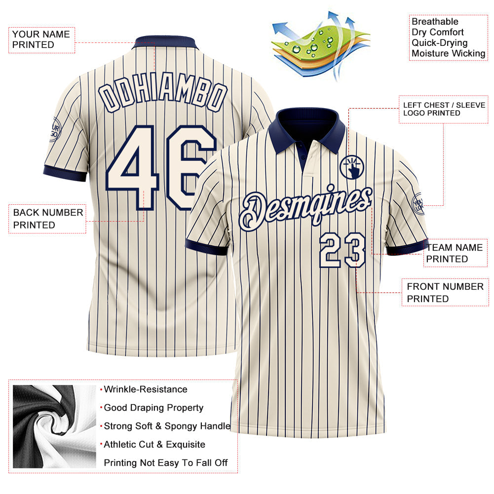 Custom Cream Navy Pinstripe-Navy Performance Polo Shirt view 3