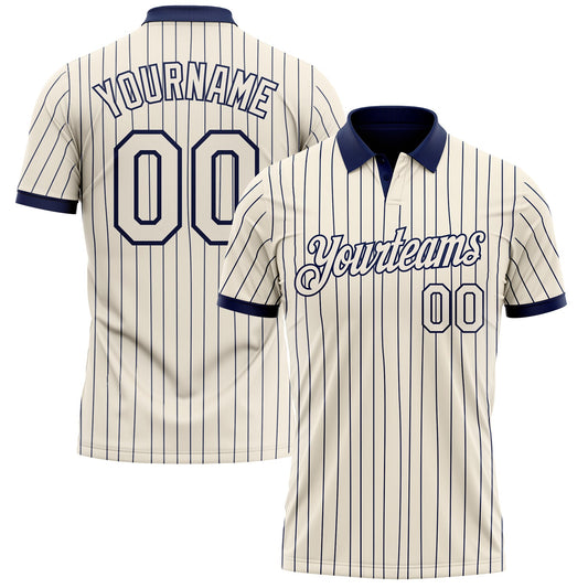 Custom Cream Navy Pinstripe-Navy Performance Polo Shirt - Main View