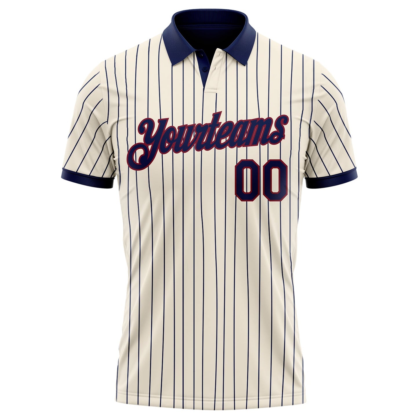 Custom Cream Navy Pinstripe-Crimson Performance Polo Shirt view 2
