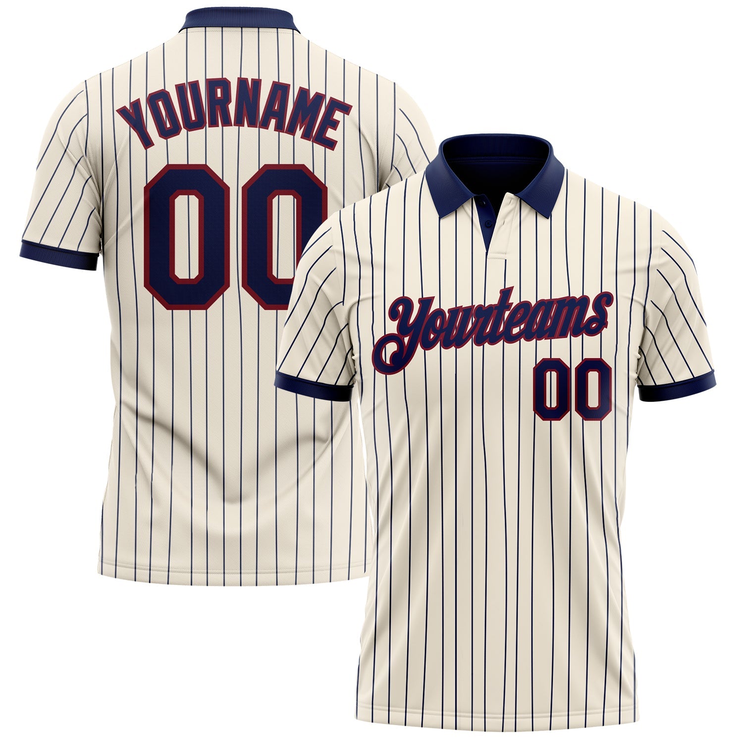 Custom Cream Navy Pinstripe-Crimson Performance Polo Shirt - Main View