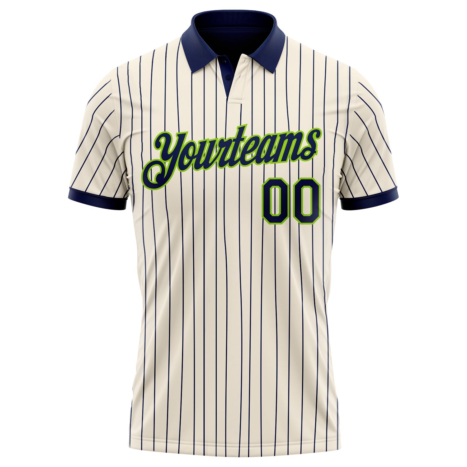Custom Cream Navy Pinstripe-Neon Green Performance Polo Shirt view 2