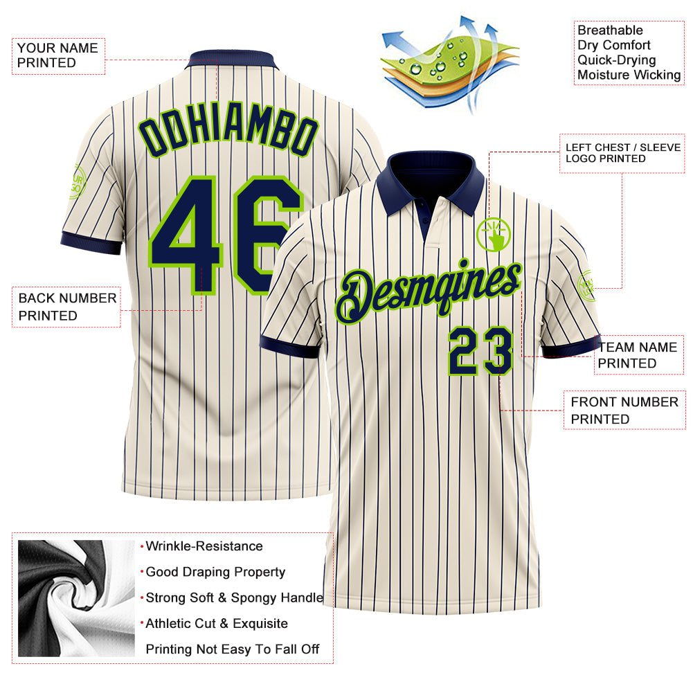 Custom Cream Navy Pinstripe-Neon Green Performance Polo Shirt view 3