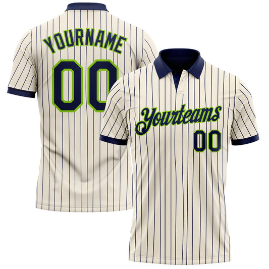 Custom Cream Navy Pinstripe-Neon Green Performance Polo Shirt - Main View