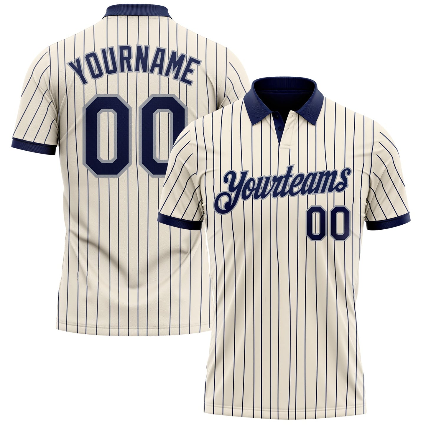 Custom Cream Navy Pinstripe-Gray Performance Polo Shirt - Main View
