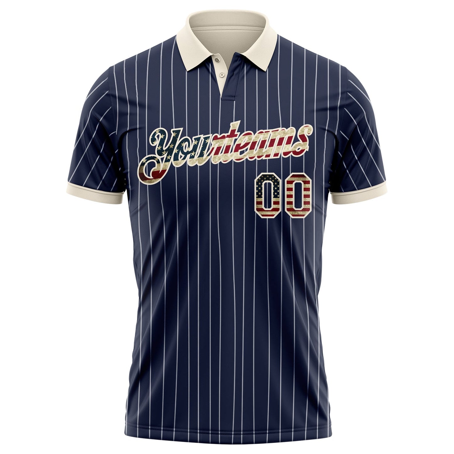 Custom Navy White Pinstripe Vintage USA Flag-Cream Patriotic Performance Polo Shirt view 2