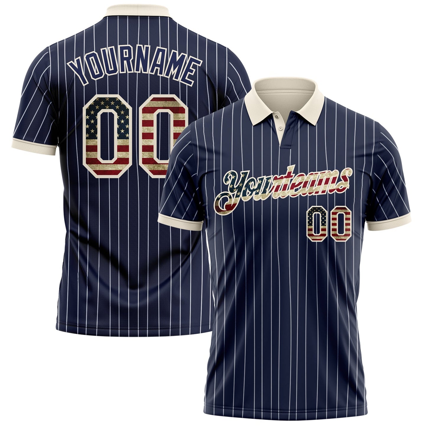 Custom Navy White Pinstripe Vintage USA Flag-Cream Patriotic Performance Polo Shirt - Main View