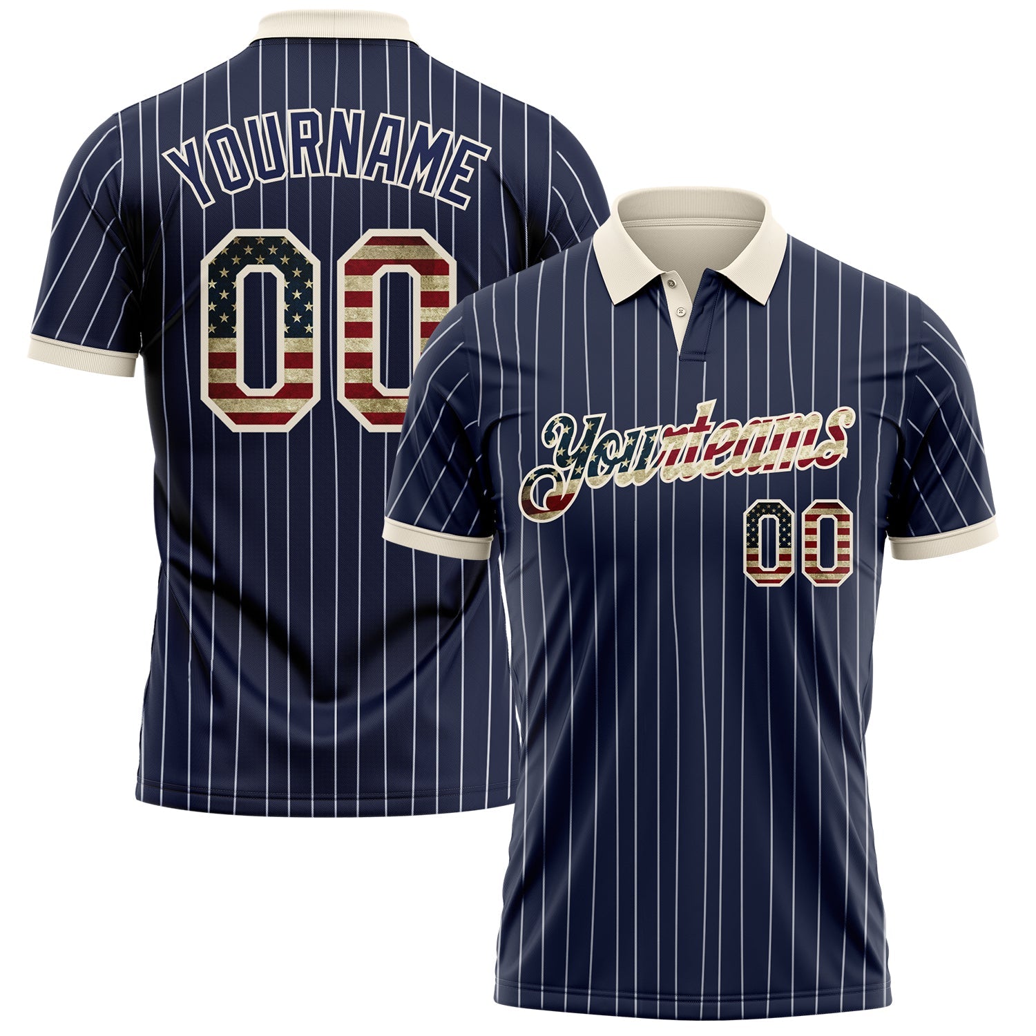 Custom Navy White Pinstripe Vintage USA Flag-Cream Patriotic Performance Polo Shirt - Main View