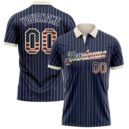Custom Navy White Pinstripe Vintage USA Flag-Cream Patriotic Performance Polo Shirt - Main View