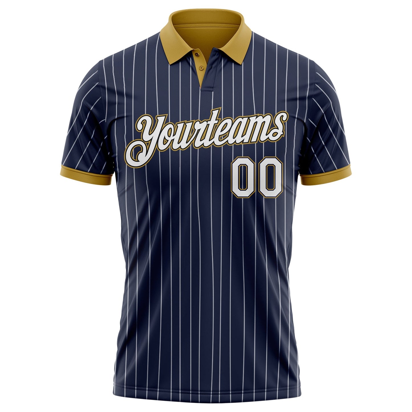Custom Navy White Pinstripe-Old Gold Performance Polo Shirt view 2