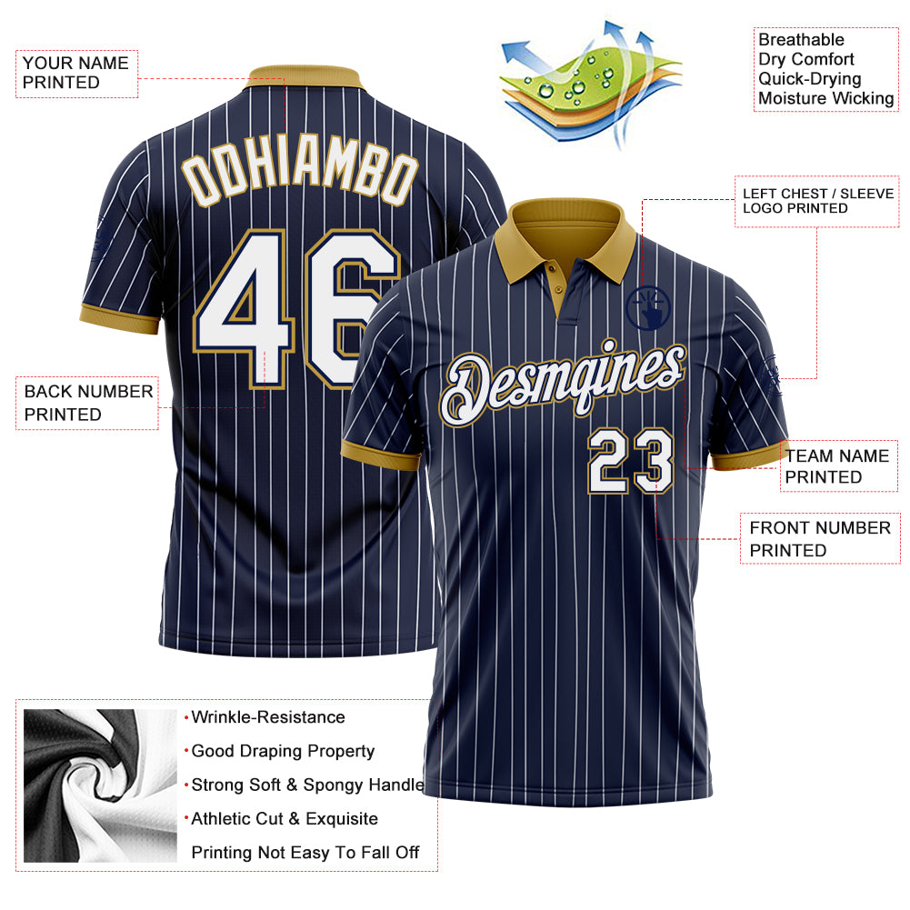 Custom Navy White Pinstripe-Old Gold Performance Polo Shirt view 3