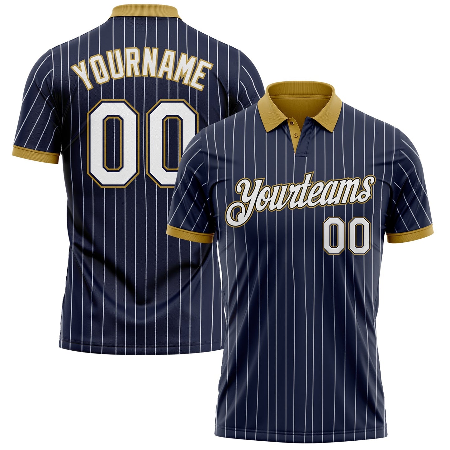 Custom Navy White Pinstripe-Old Gold Performance Polo Shirt - Main View