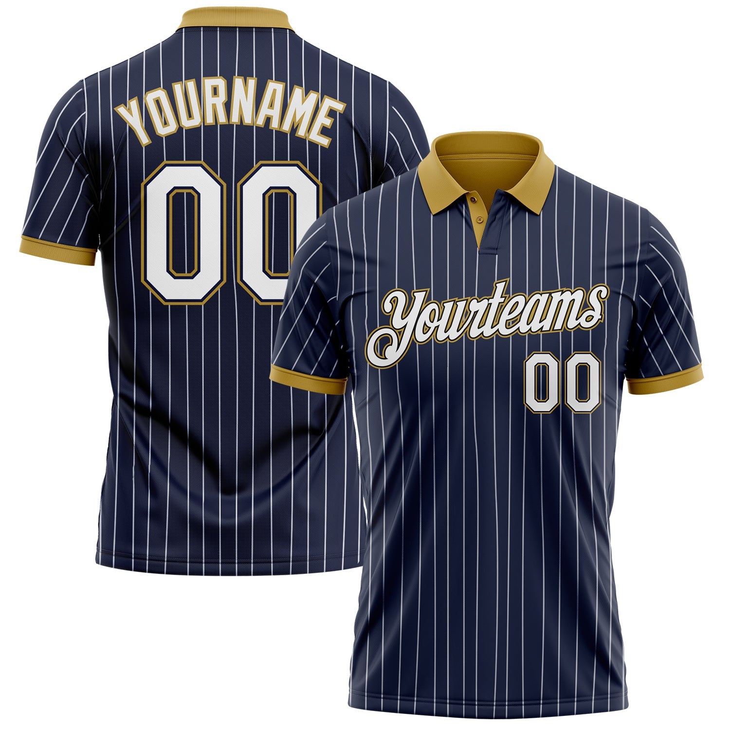 Custom Navy White Pinstripe-Old Gold Performance Polo Shirt - Main View