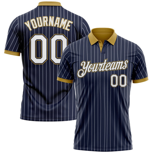 Custom Navy White Pinstripe-Old Gold Performance Polo Shirt - Main View