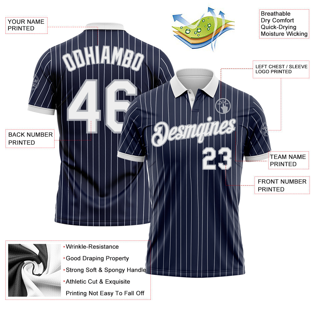 Custom Navy White Pinstripe-Gray Performance Polo Shirt view 3