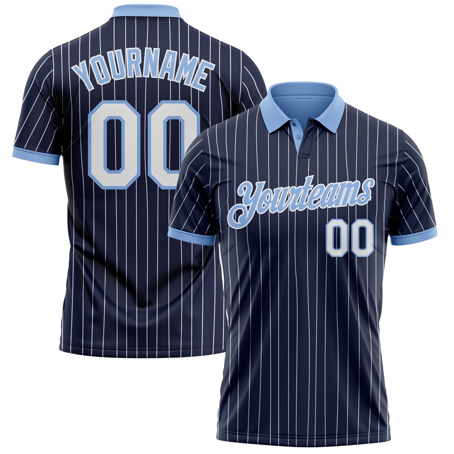 Custom Navy White Pinstripe-Light Blue Performance Polo Shirt - Main View