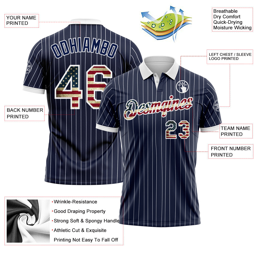 Custom Navy White Pinstripe-Vintage USA Flag Performance Polo Shirt view 3
