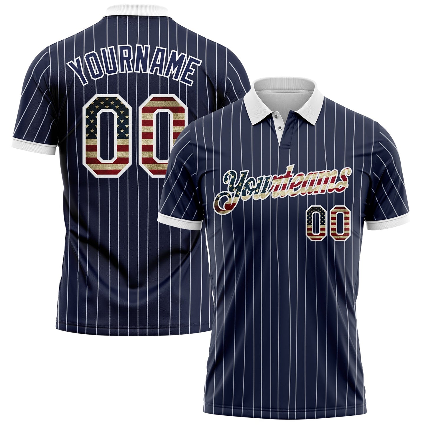 Custom Navy White Pinstripe-Vintage USA Flag Performance Polo Shirt - Main View