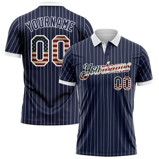 Custom Navy White Pinstripe-Vintage USA Flag Performance Polo Shirt - Main View