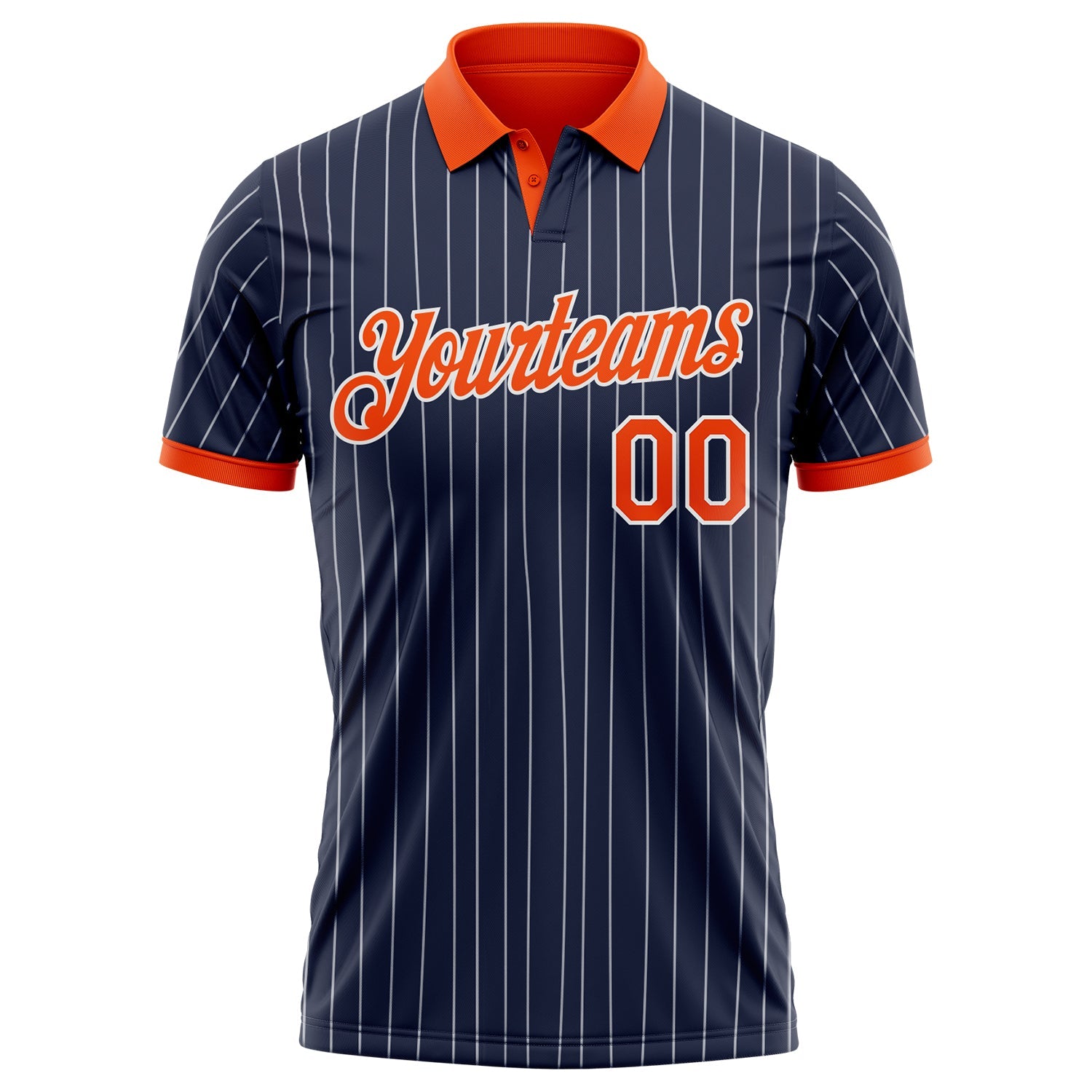 Custom Navy White Pinstripe-Orange Performance Polo Shirt view 2