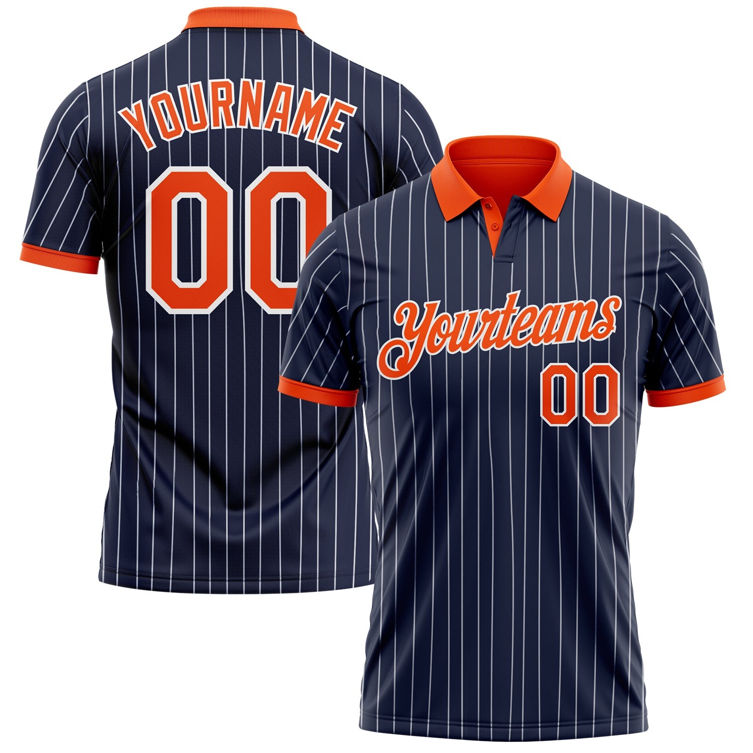 Custom Navy White Pinstripe-Orange Performance Polo Shirt - Main View