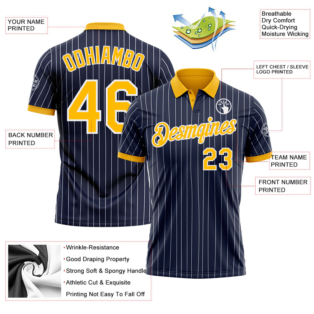 Custom Navy White Pinstripe-Gold Performance Polo Shirt view 3