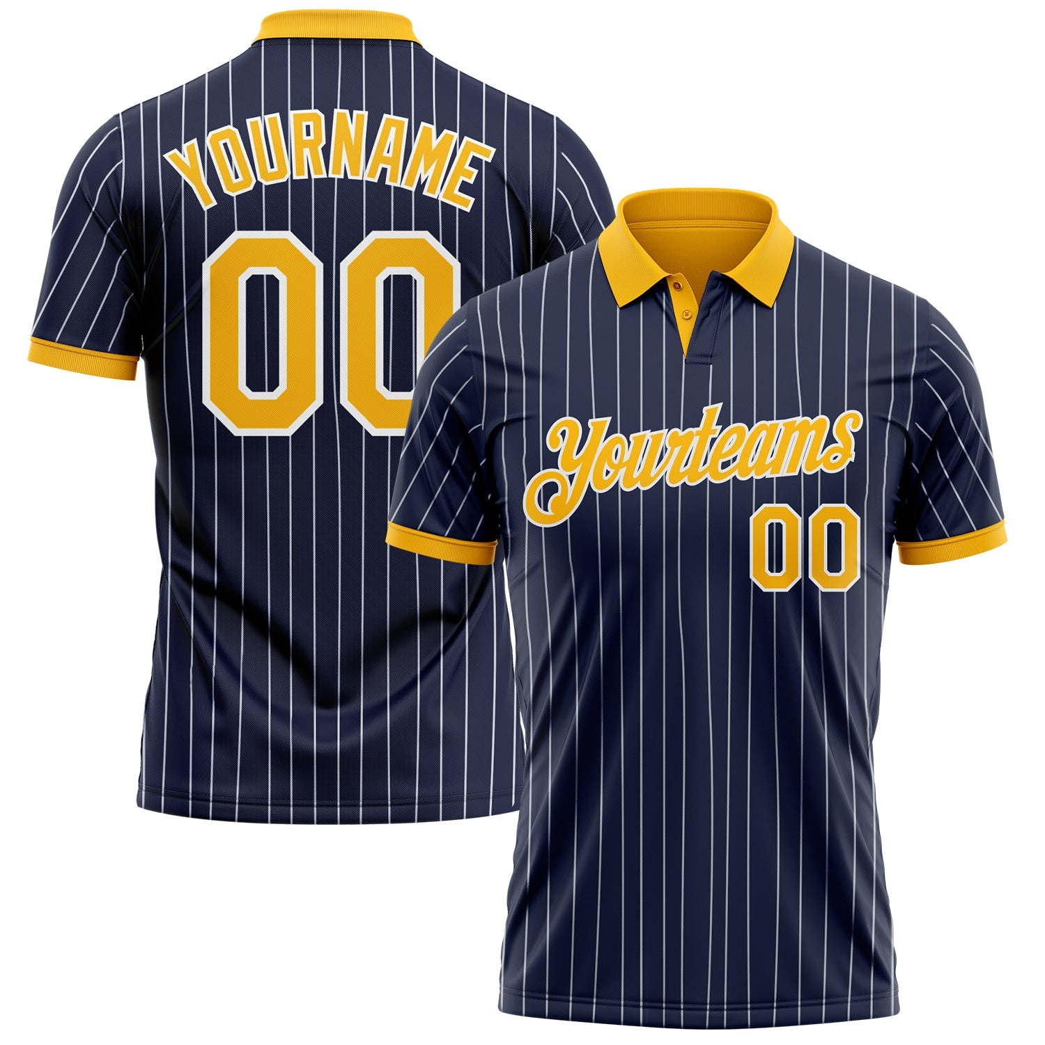 Custom Navy White Pinstripe-Gold Performance Polo Shirt - Main View