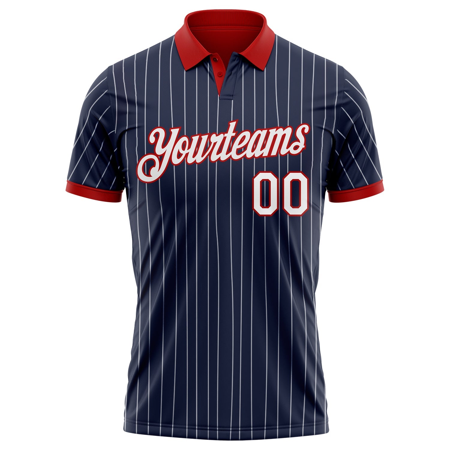 Custom Navy White Pinstripe-Red Performance Polo Shirt view 2