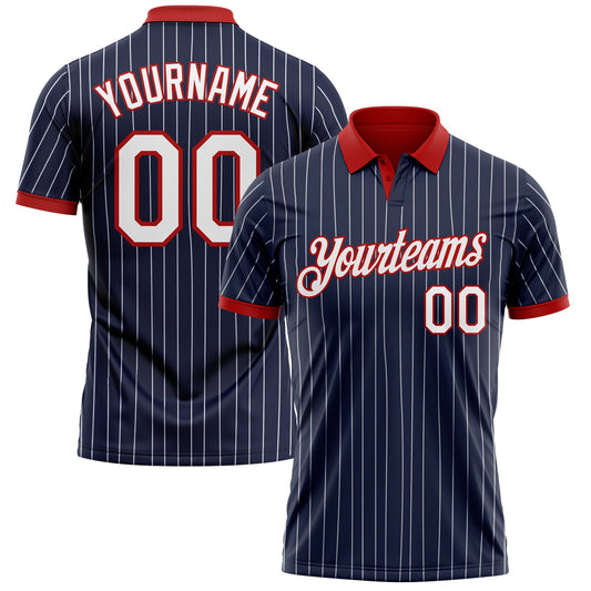 Custom Navy White Pinstripe-Red Performance Polo Shirt - Main View