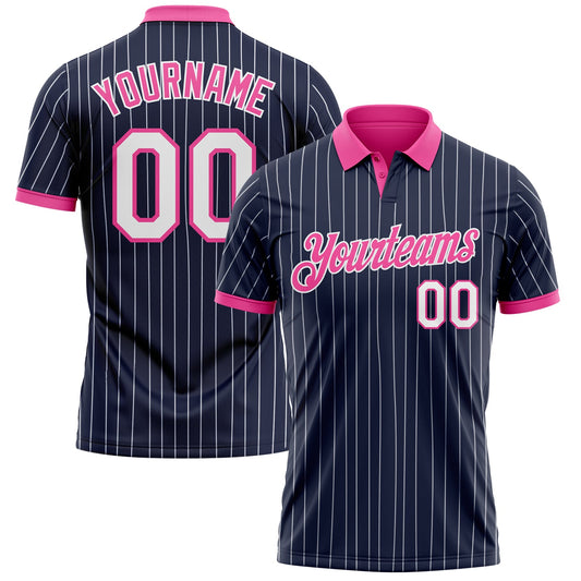 Custom Navy White Pinstripe-Pink Performance Polo Shirt - Main View