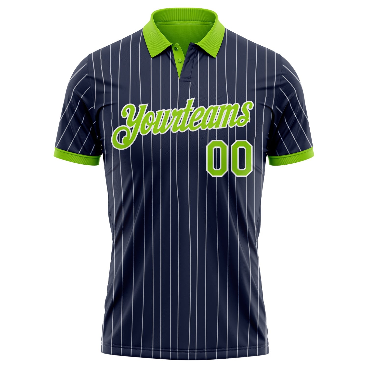 Custom Navy White Pinstripe-Neon Green Performance Polo Shirt view 2