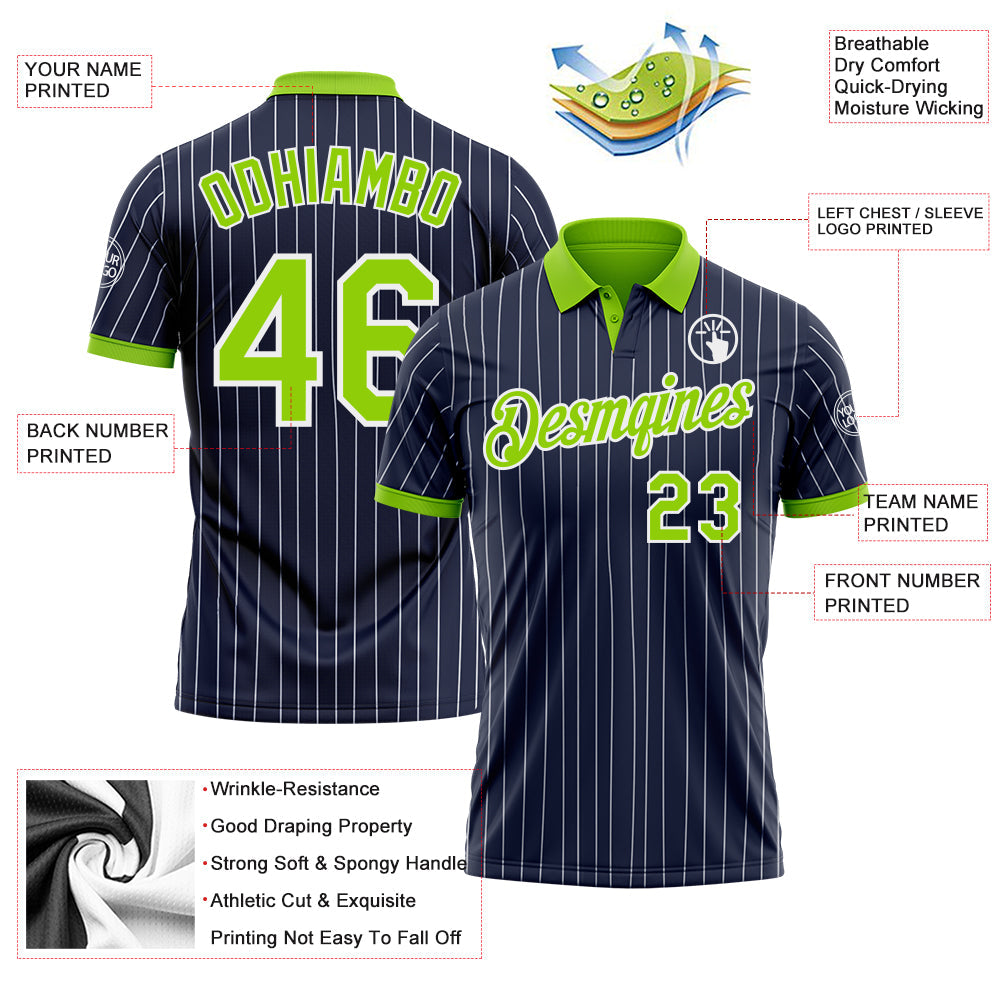 Custom Navy White Pinstripe-Neon Green Performance Polo Shirt view 3