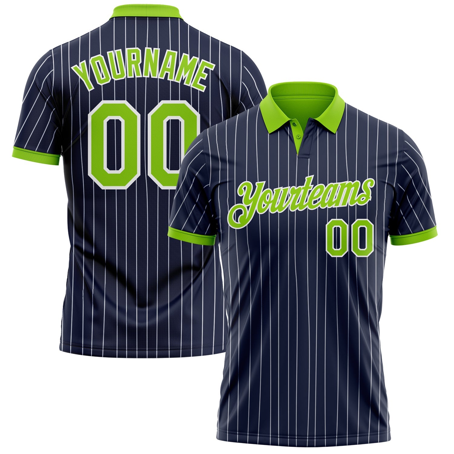 Custom Navy White Pinstripe-Neon Green Performance Polo Shirt - Main View