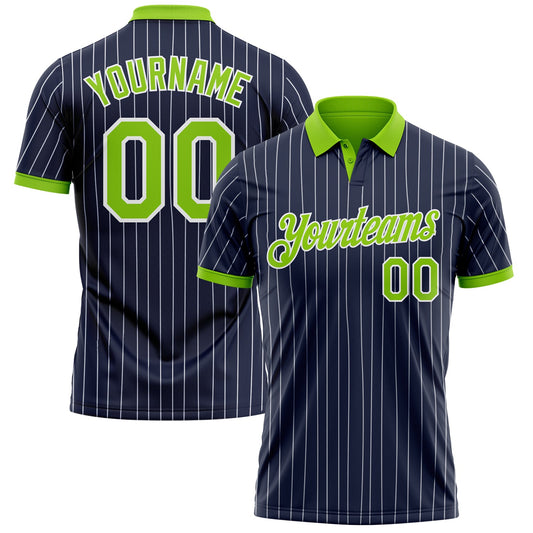 Custom Navy White Pinstripe-Neon Green Performance Polo Shirt - Main View