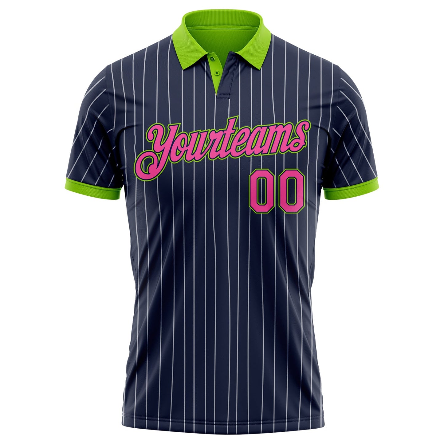 Custom Navy White Pinstripe Pink-Neon Green Performance Polo Shirt view 2