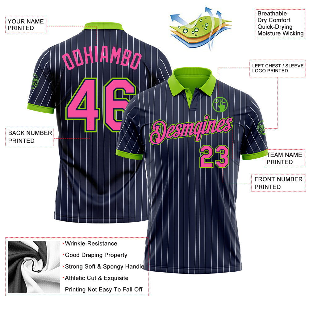 Custom Navy White Pinstripe Pink-Neon Green Performance Polo Shirt view 3