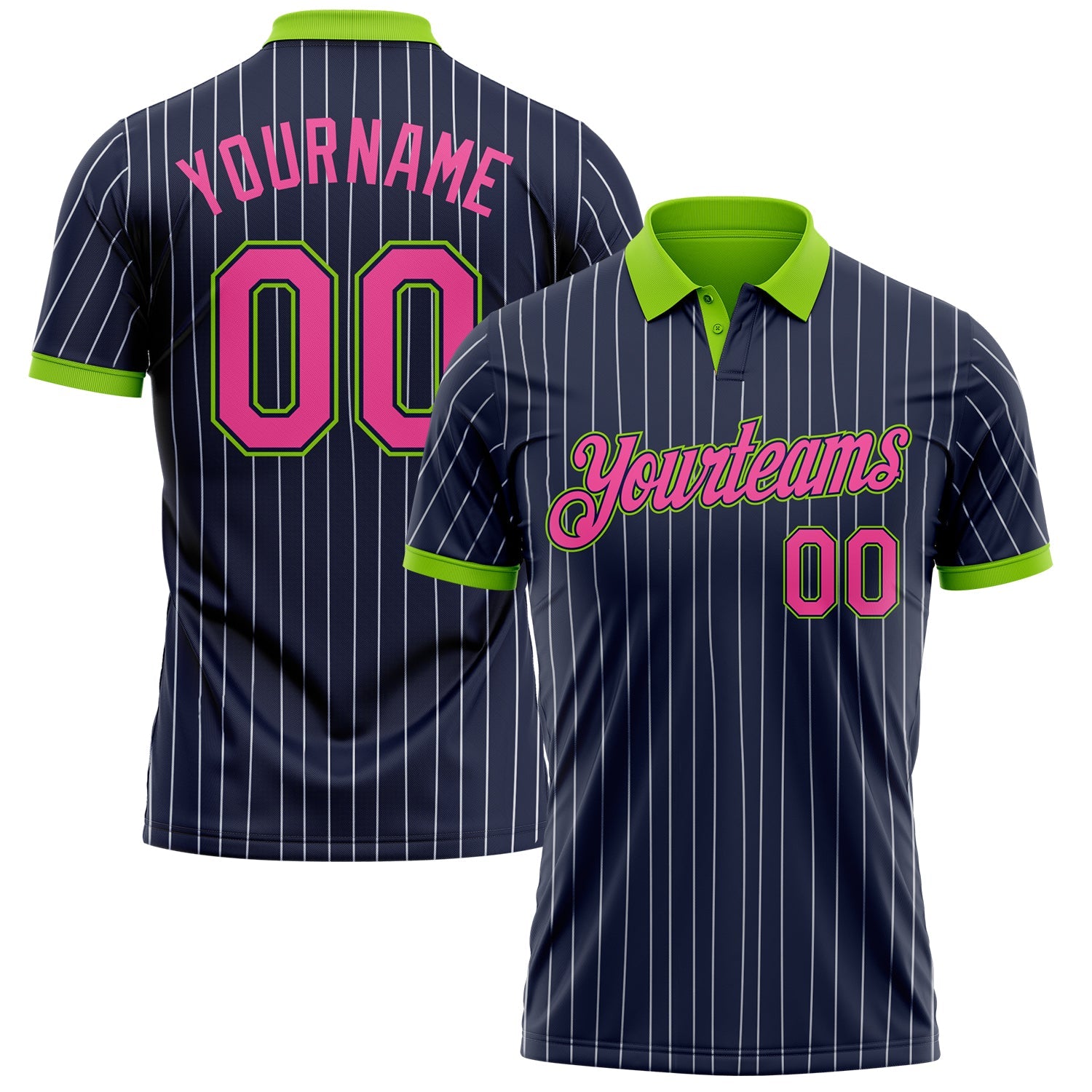Custom Navy White Pinstripe Pink-Neon Green Performance Polo Shirt - Main View