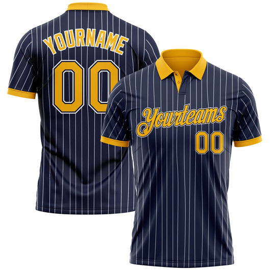 Custom Navy White Pinstripe-Gold Performance Polo Shirt - Main View