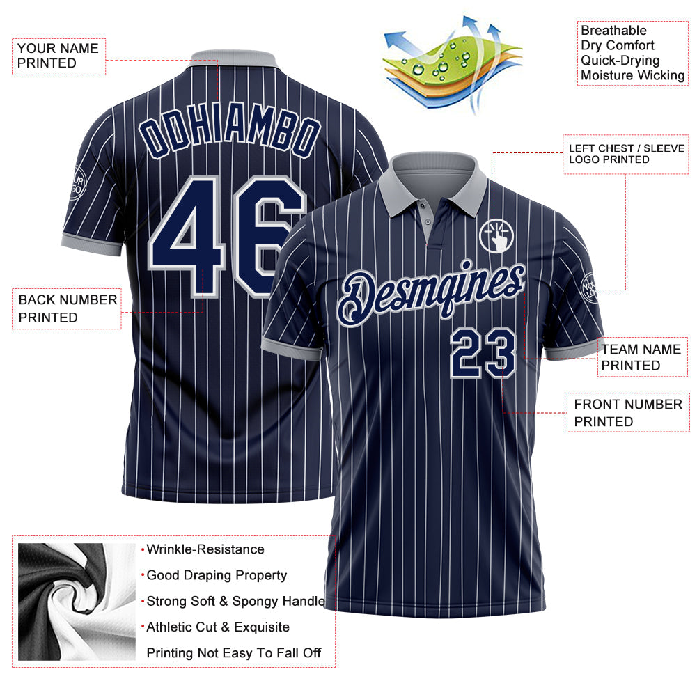 Custom Navy White Pinstripe-Gray Performance Polo Shirt view 3