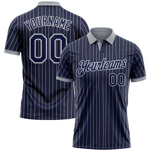 Custom Navy White Pinstripe-Gray Performance Polo Shirt - Main View