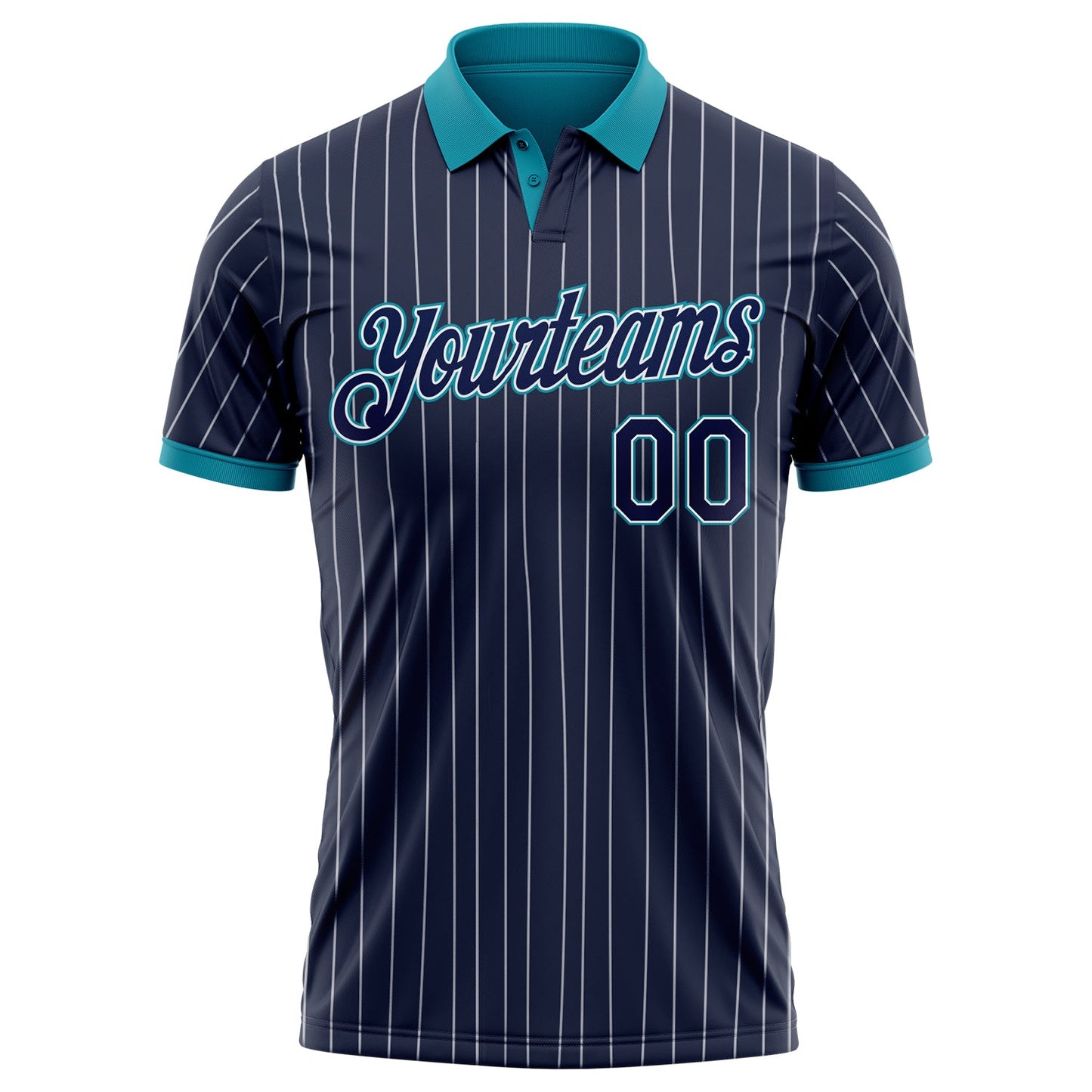 Custom Navy White Pinstripe-Teal Performance Polo Shirt view 2