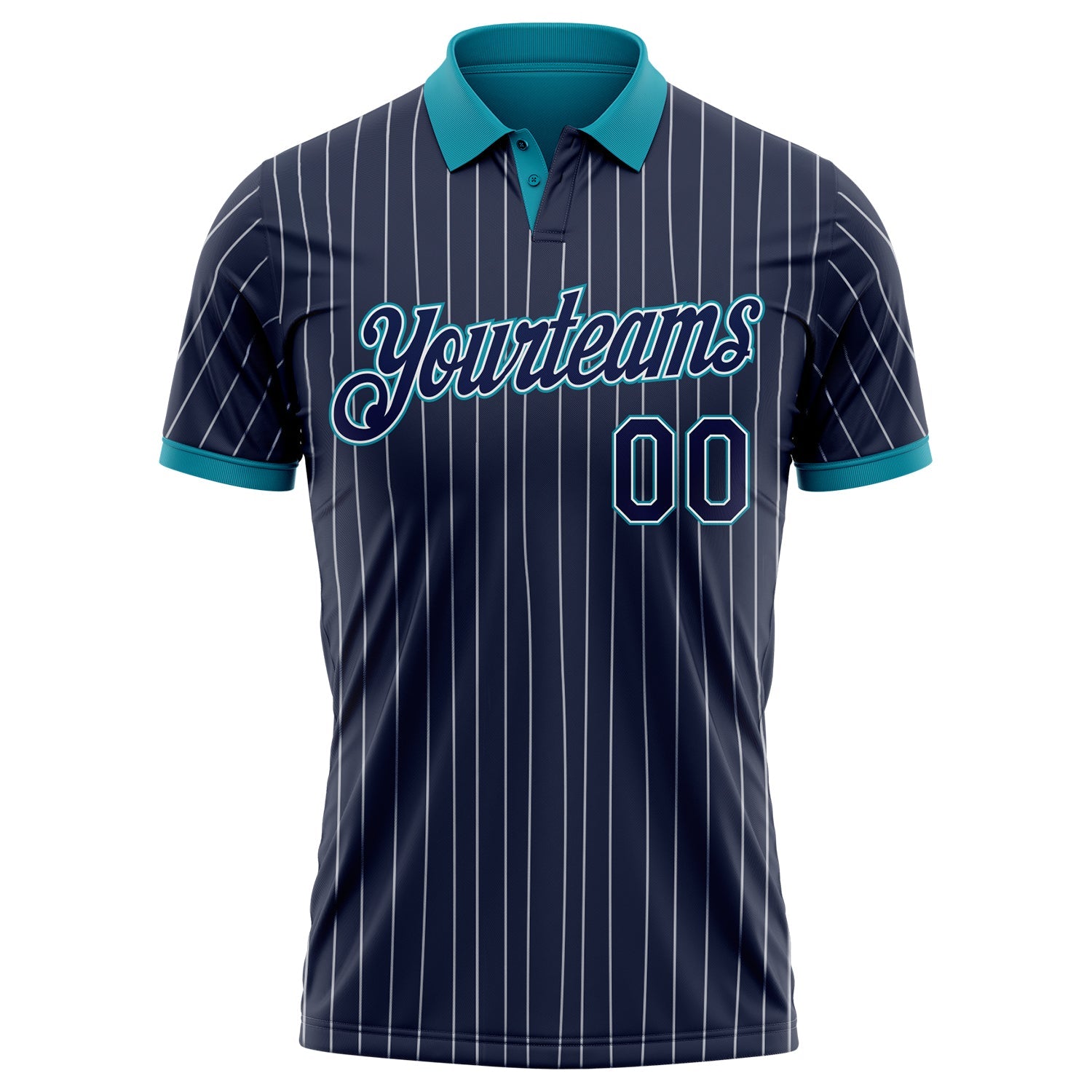 Custom Navy White Pinstripe-Teal Performance Polo Shirt view 2